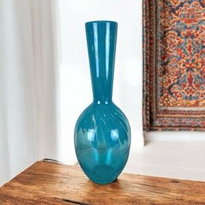 Vintage Large 16” Splatter Crackle Hand Blown Blue Art Glass Vase West Virginia